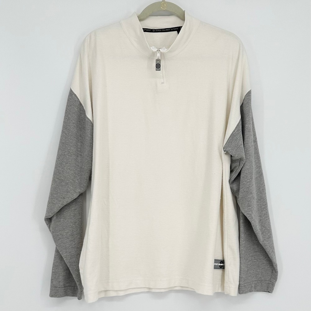 East Island Sport Mens Large Quarter Zip French Terry Cotton Pullover Cream Grey